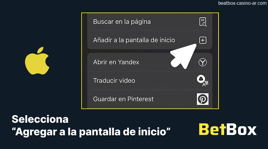 Opción agregar a pantalla de inicio BeatBox Casino