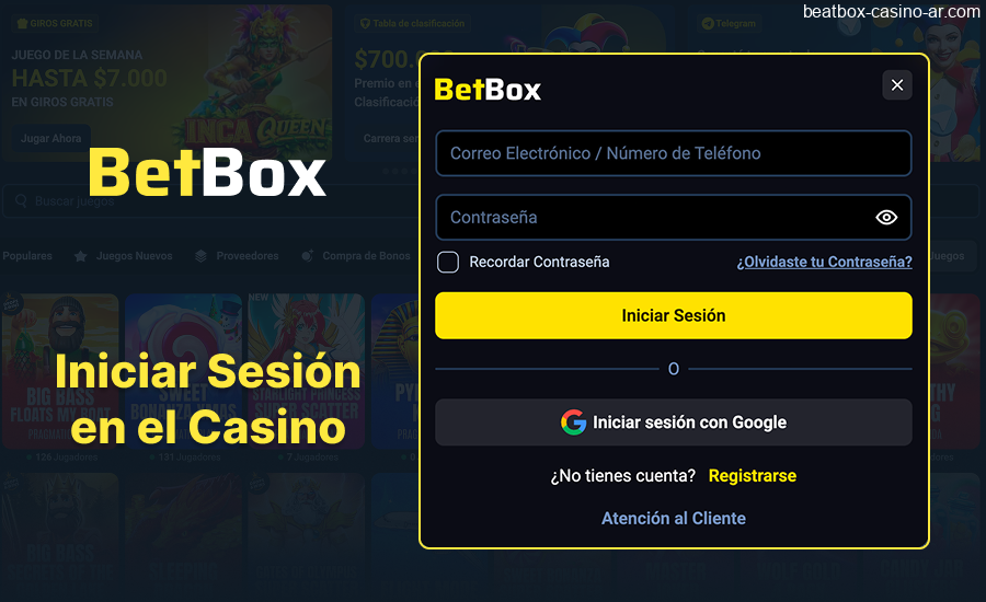 Formulario para iniciar sesión en BeatBox Casino