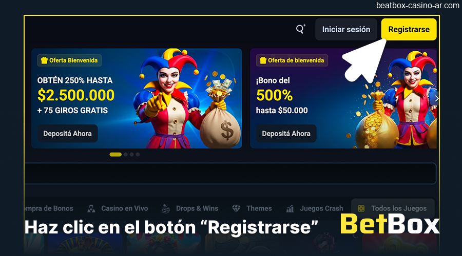 Botón de registro en la web BeatBox Casino