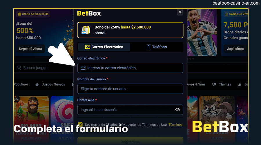 Formulario de registro con datos en BeatBox Casino